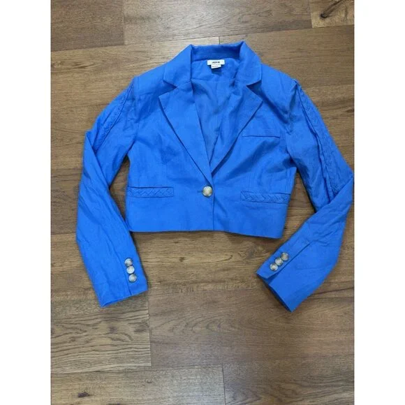 Jason Wu Blazer Cropped Shoulder Pads Linen Cobalt Blue Braided Sm Jacket - Picture 2 of 11